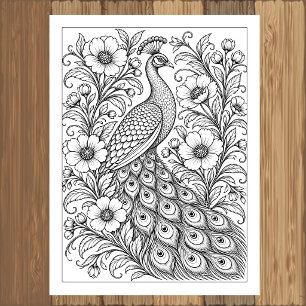 Ornate Peacock and Flowers Coloring Poster