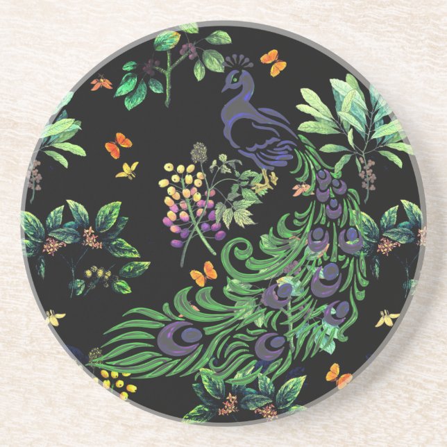 Ornate Peacock and Vintage Floral Coaster (Front)