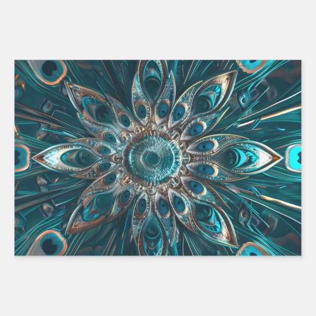 Ornate peacock feathers mandala wrapping paper sheet (Front)
