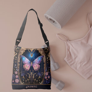 Ornate Pink Blue Gold Stylish Butterfly Crossbody Bag