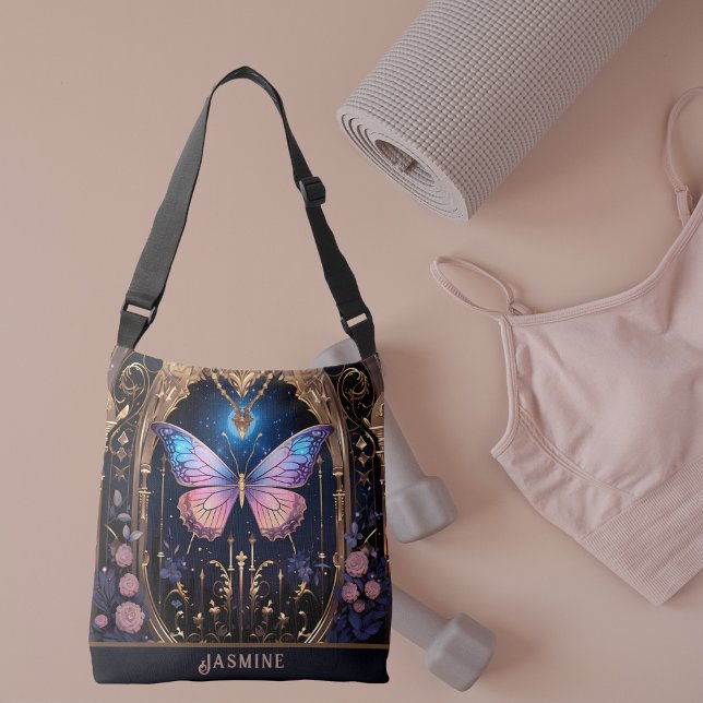 Ornate Pink Blue Gold Stylish Butterfly Crossbody Bag (Butterfly Lover Pink Blue Gold Stylish Crossbody Tote Bag)