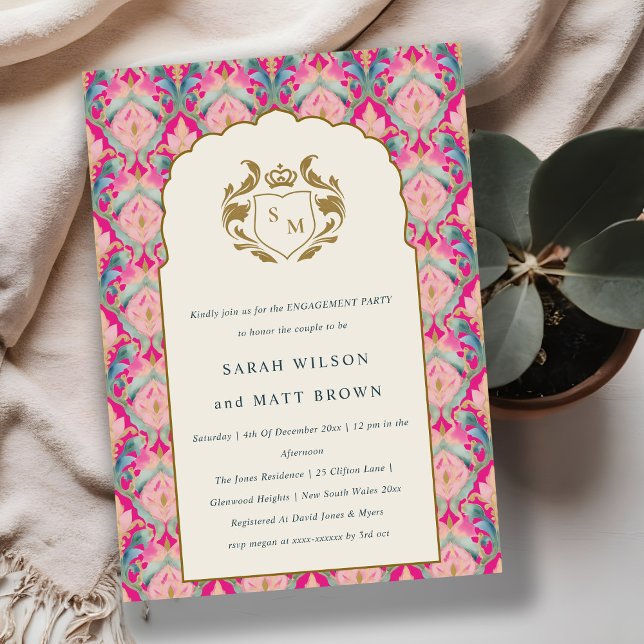 Ornate Pink Gold Classy Floral Laurel Engagement Invitation (Creator Uploaded)