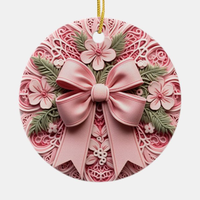 Ornate Pink Lace Bow Ceramic Tree Decoration (Front)