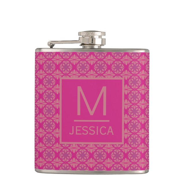 Ornate Pink Purple Geometric Pattern Personalised Hip Flask (Front)
