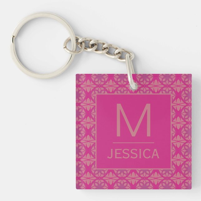 Ornate Pink Purple Geometric Pattern Personalised Key Ring (Front)