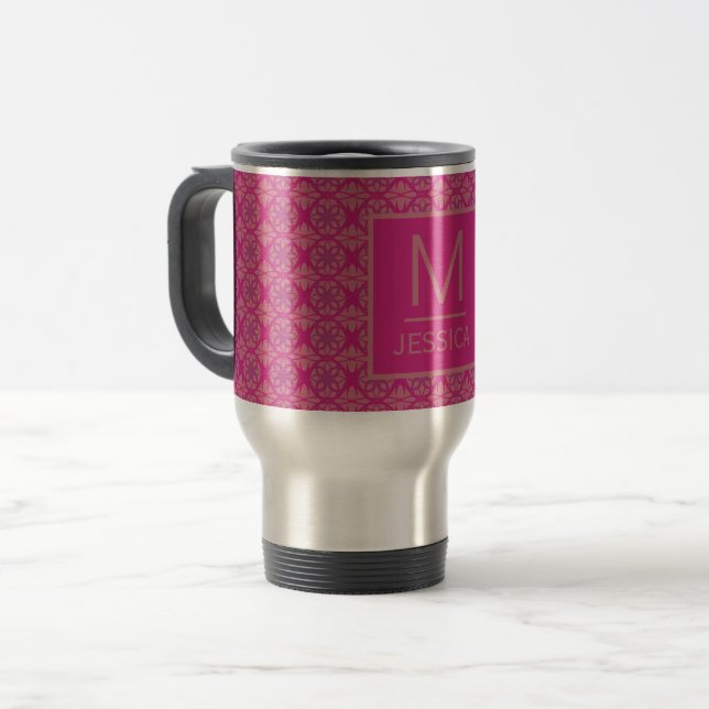 Ornate Pink Purple Geometric Pattern Personalised Travel Mug (Front Left)