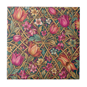 Ornate Pink Tulip Floral William Morris Style  Tile