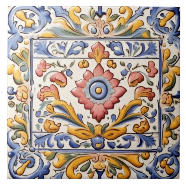 Ornate Pink Yellow Blue Flower Floral Tile (Front)
