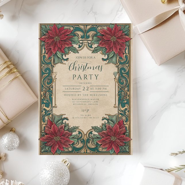 Ornate Poinsettia Christmas Party Invitation (Creator Uploaded)
