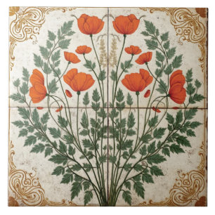 Ornate Poppy with Gilded Border Tile