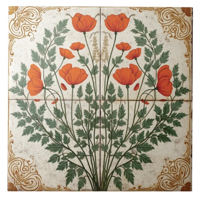 Ornate Poppy with Gilded Border Tile (Front)
