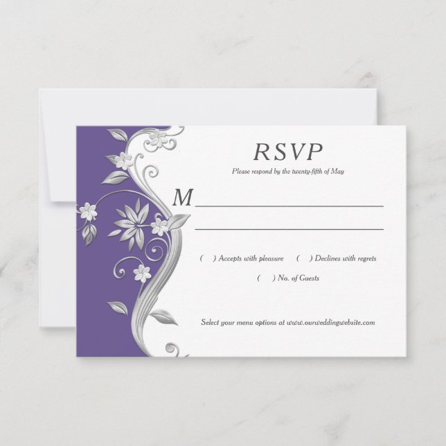 Ornate Purple and Silver Floral Swirls RSVP Card (Front)