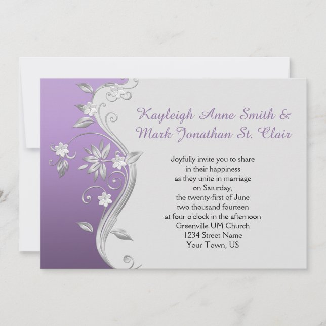 Ornate Purple and Silver Flowers Swirls Wedding Invitation (Front)