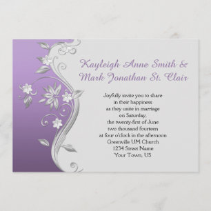 Ornate Purple and Silver Flowers Swirls Wedding Invitation