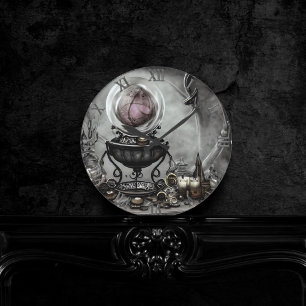 Ornate Purple Crystal Ball and Witchcraft Items Round Clock