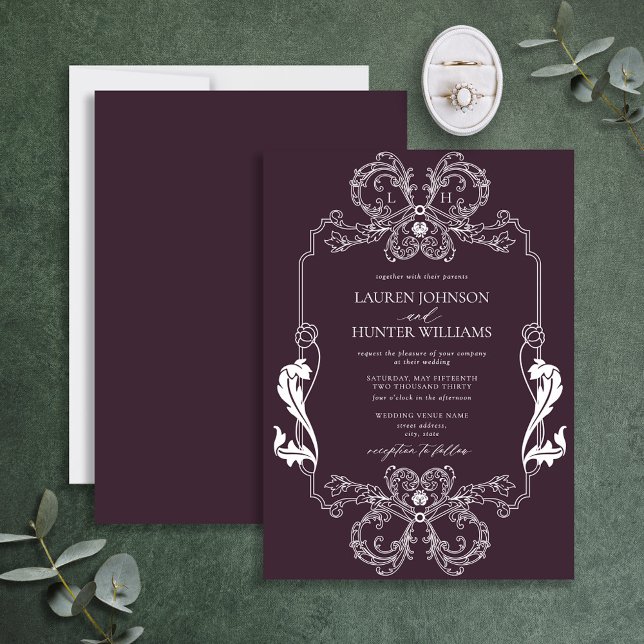 Ornate Purple Floral Line Art Monogram Wedding Invitation (Creator Uploaded)