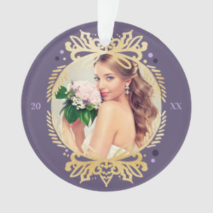 Ornate Purple Gold Mr & Mrs First Christmas Photo Ornament