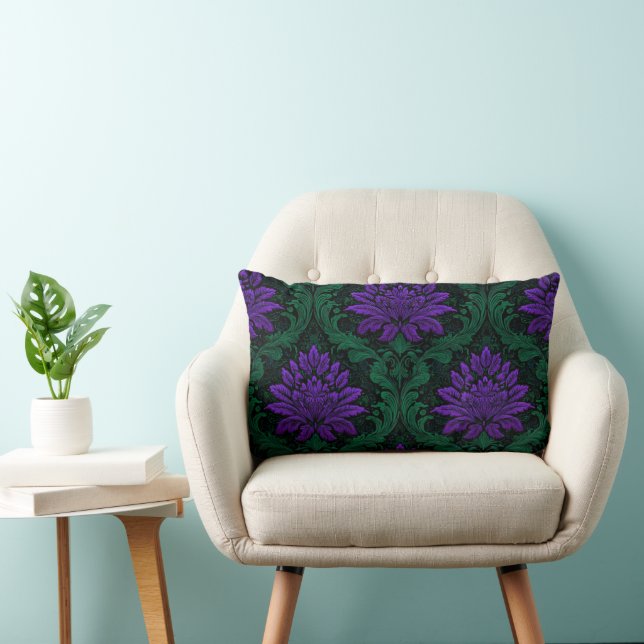 ORNATE PURPLE & GREEN HALLOWEEN FLOWERS & LEAVES LUMBAR CUSHION (Chair)