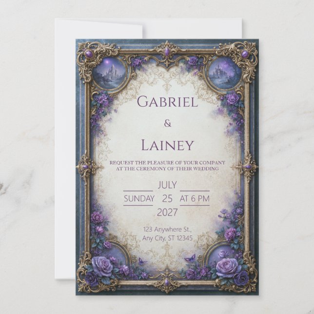 Ornate Purple Rose Castle Wedding Invitation (Front)