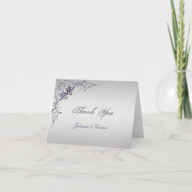 Ornate Purple Silver Floral Swirls Thank You Card (Front)