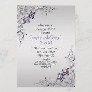 Ornate Purple Silver Swirls on Silver Sweet 16 Invitation