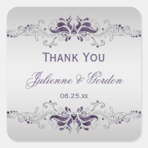 Ornate Purple Silver Swirls Square Wedding Favour Sticker