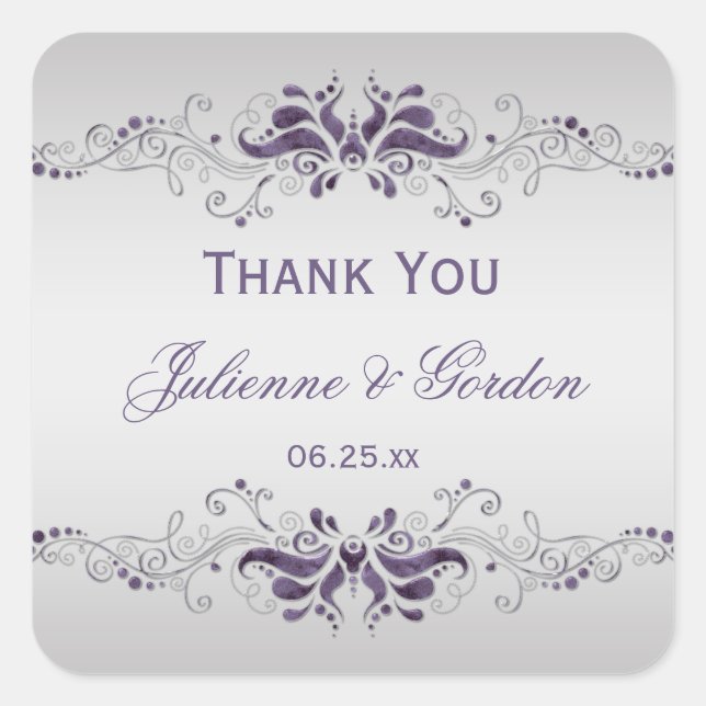 Ornate Purple Silver Swirls Square Wedding Favour Sticker (Front)