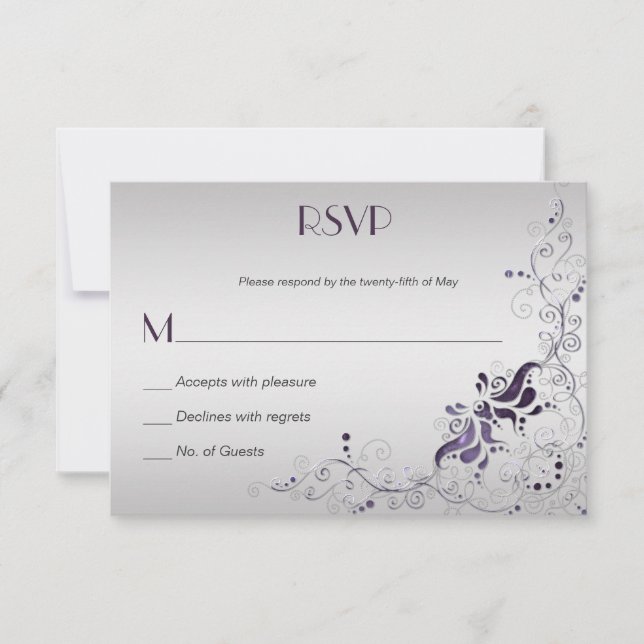 Ornate Purple Swirls on Silver RSVP Card (Front)