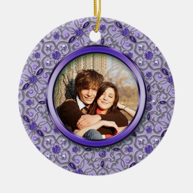 Ornate Purple Tanzanite Silver Photo Christmas Ceramic Tree Decoration (Front)