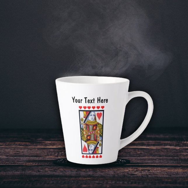 Ornate Queen Playing Card Bright Red Hearts Latte Mug (Latte mug with heart queen playing cards with bright red hearts.)