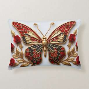 Ornate Red and Gold Butterfly with Roses Decorative Cushion