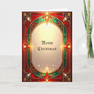 Ornate Red and Green Stained Glass Holiday Card
