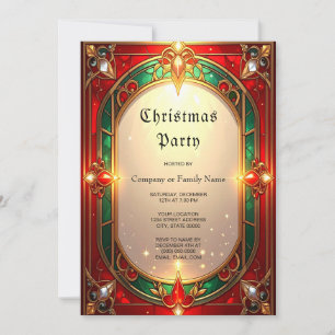 Ornate Red and Green Stained Glass Pattern Party Invitation