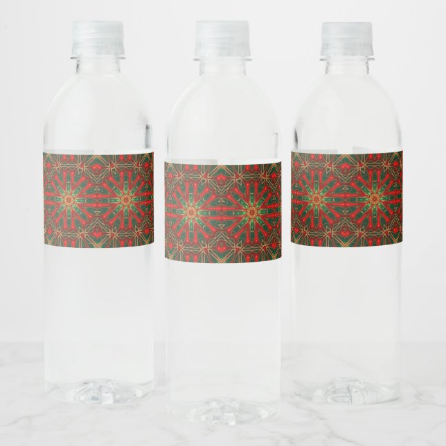 Ornate Red and Green Stained Glass Pattern Water Bottle Label (Bottles)
