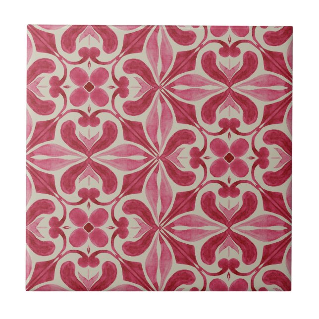 Ornate Red Azulejo Pattern with Floral Motifs  Tile (Front)