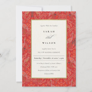 Ornate Red Classy Flora Peacock Vow Renewal Invite