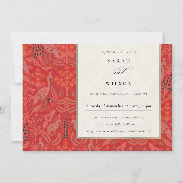 Ornate Red Classy Floral Peacock Wedding Invite (Front)