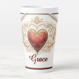Ornate Red Heart With Gold Filigree and Pearl Latte Mug