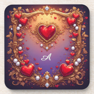 Ornate Red Hearts with Gold and Pearls Coaster