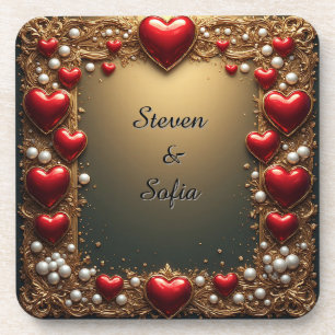Ornate Red Hearts with Gold and Pearls Coaster