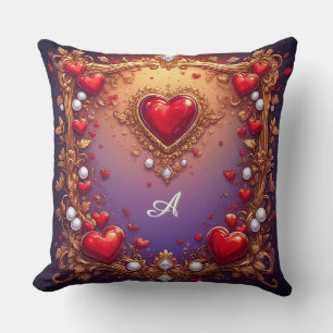 Ornate Red Hearts with Gold and Pearls Cushion