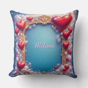 Ornate Red Hearts with Gold and Pearls Cushion