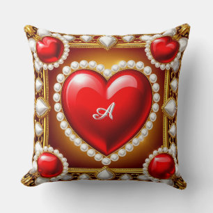 Ornate Red Hearts with Gold and Pearls Cushion