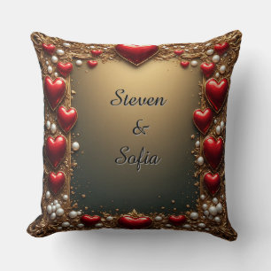 Ornate Red Hearts with Gold and Pearls Cushion
