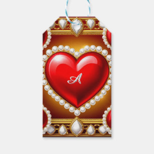 Ornate Red Hearts with Gold and Pearls Gift Tags