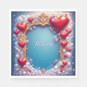 Ornate Red Hearts with Gold and Pearls Napkin