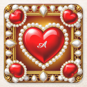 Ornate Red Hearts with Gold and Pearls Square Paper Coaster