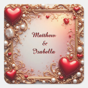 Ornate Red Hearts with Gold and Pearls Square Sticker
