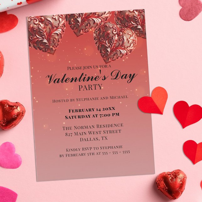 Ornate Red Metallic Hearts Valentine's Day Party Invitation (Creator Uploaded)