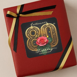 Ornate Red Rose and Gold Filigree 80th Birthday Square Sticker
